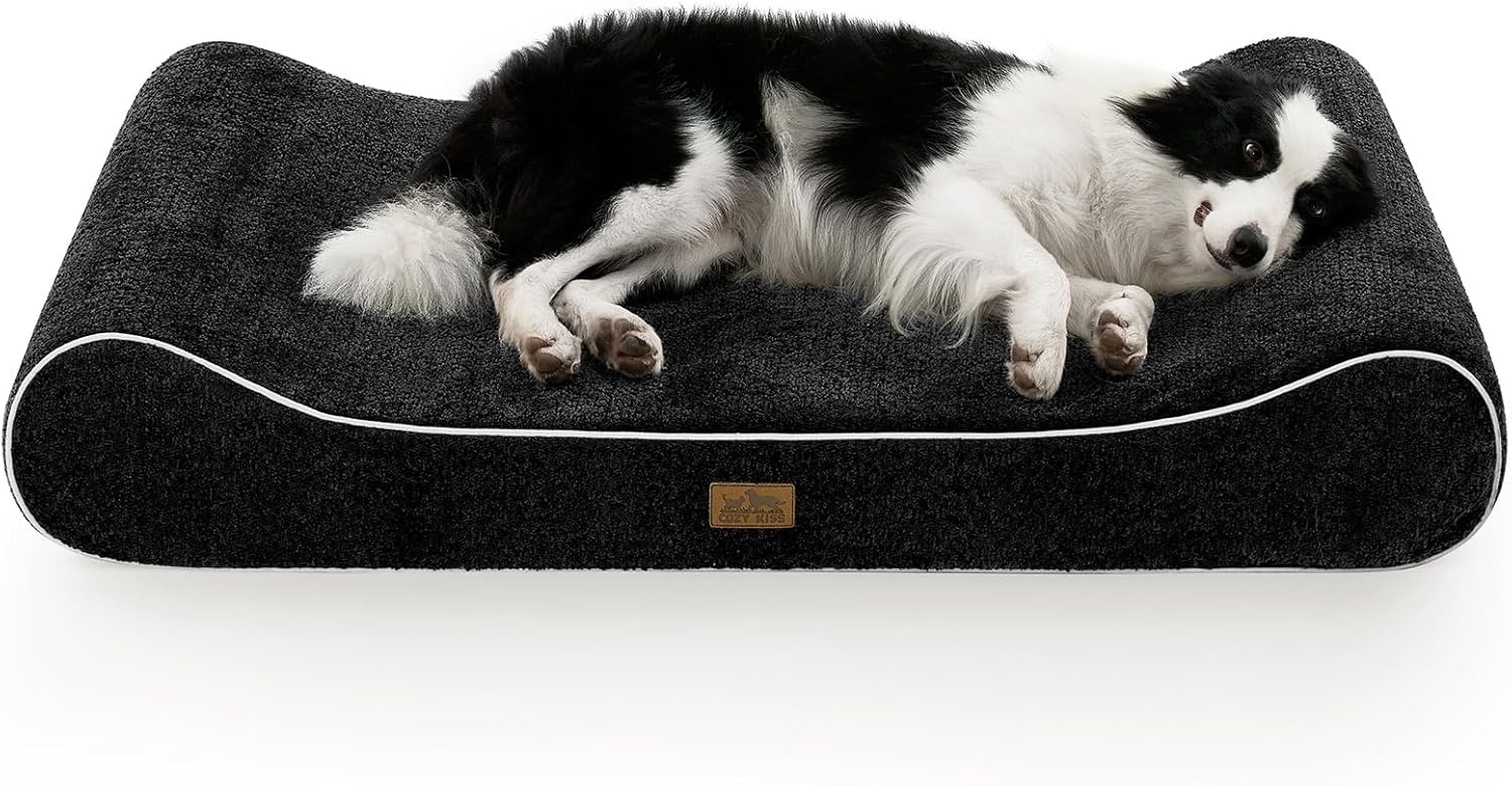 image:imageCOZY KISS Orthopedic Dog Bed for Large Dogs up to 90 lbs Removable Washable Cover with Waterproof Lining amp NonSkid Bottom CottonPolyester Blend BoatShaped Lounger Mattress L45x30x6in BeigeBlack
