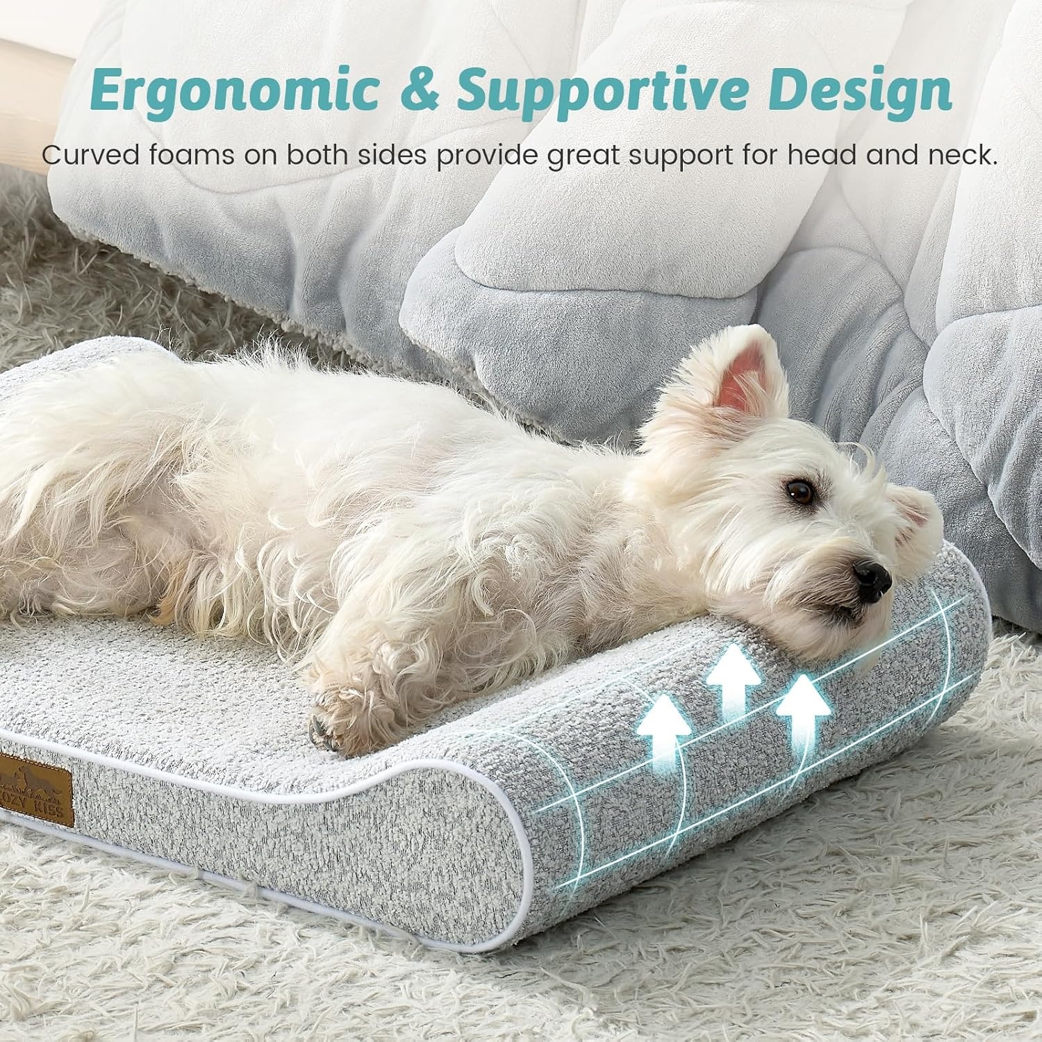 image:imageCOZY KISS Orthopedic Dog Bed for Large Dogs up to 90 lbs Removable Washable Cover with Waterproof Lining amp NonSkid Bottom CottonPolyester Blend BoatShaped Lounger Mattress L45x30x6in BeigeLight gray