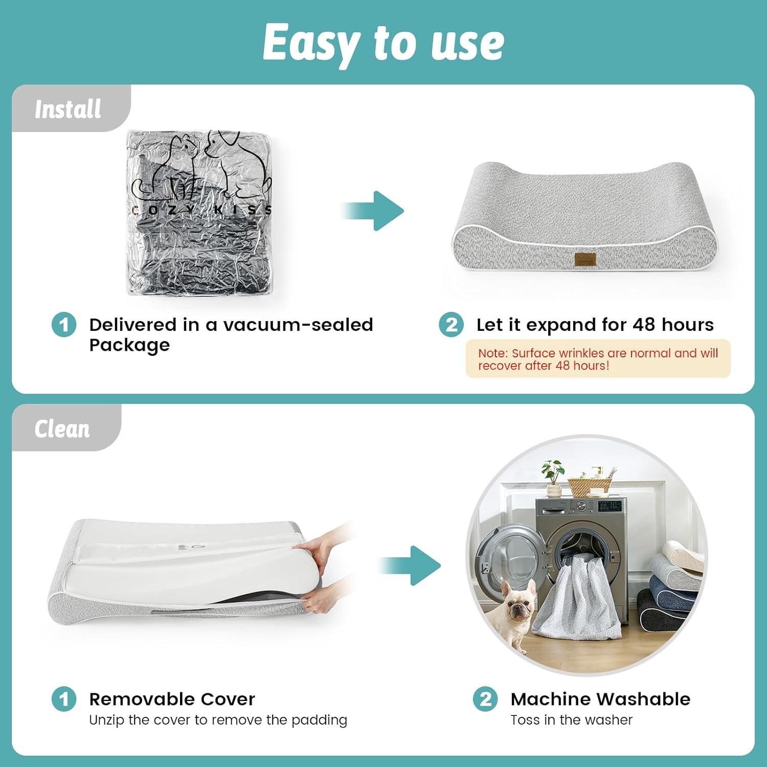 image:imageCOZY KISS Orthopedic Dog Bed for Large Dogs up to 90 lbs Removable Washable Cover with Waterproof Lining amp NonSkid Bottom CottonPolyester Blend BoatShaped Lounger Mattress L45x30x6in BeigeLight gray