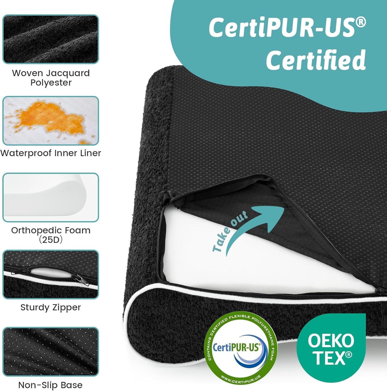 image:imageCOZY KISS Orthopedic Dog Bed for Large Dogs up to 90 lbs Removable Washable Cover with Waterproof Lining amp NonSkid Bottom CottonPolyester Blend BoatShaped Lounger Mattress L45x30x6in BeigeBlack