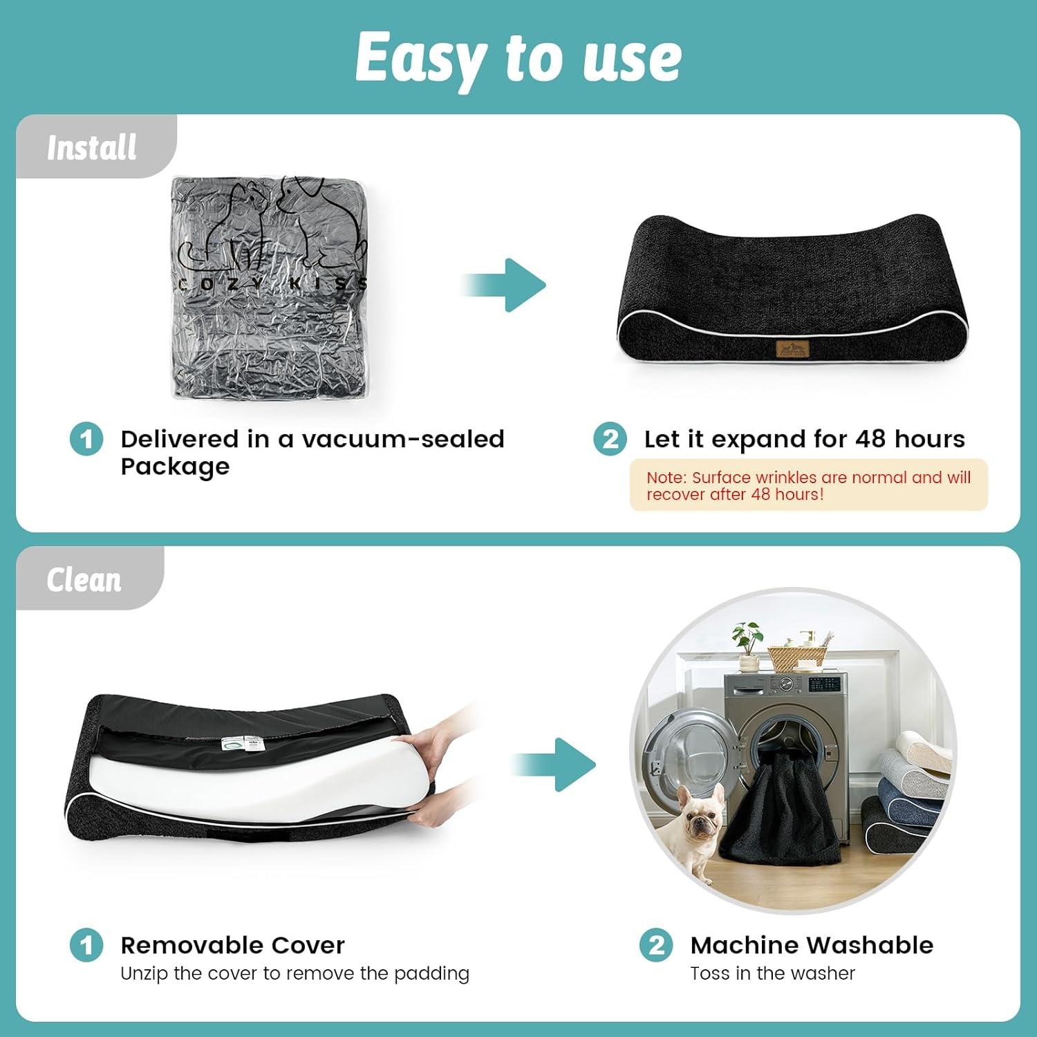 image:imageCOZY KISS Orthopedic Dog Bed for Large Dogs up to 90 lbs Removable Washable Cover with Waterproof Lining amp NonSkid Bottom CottonPolyester Blend BoatShaped Lounger Mattress L45x30x6in BeigeBlack