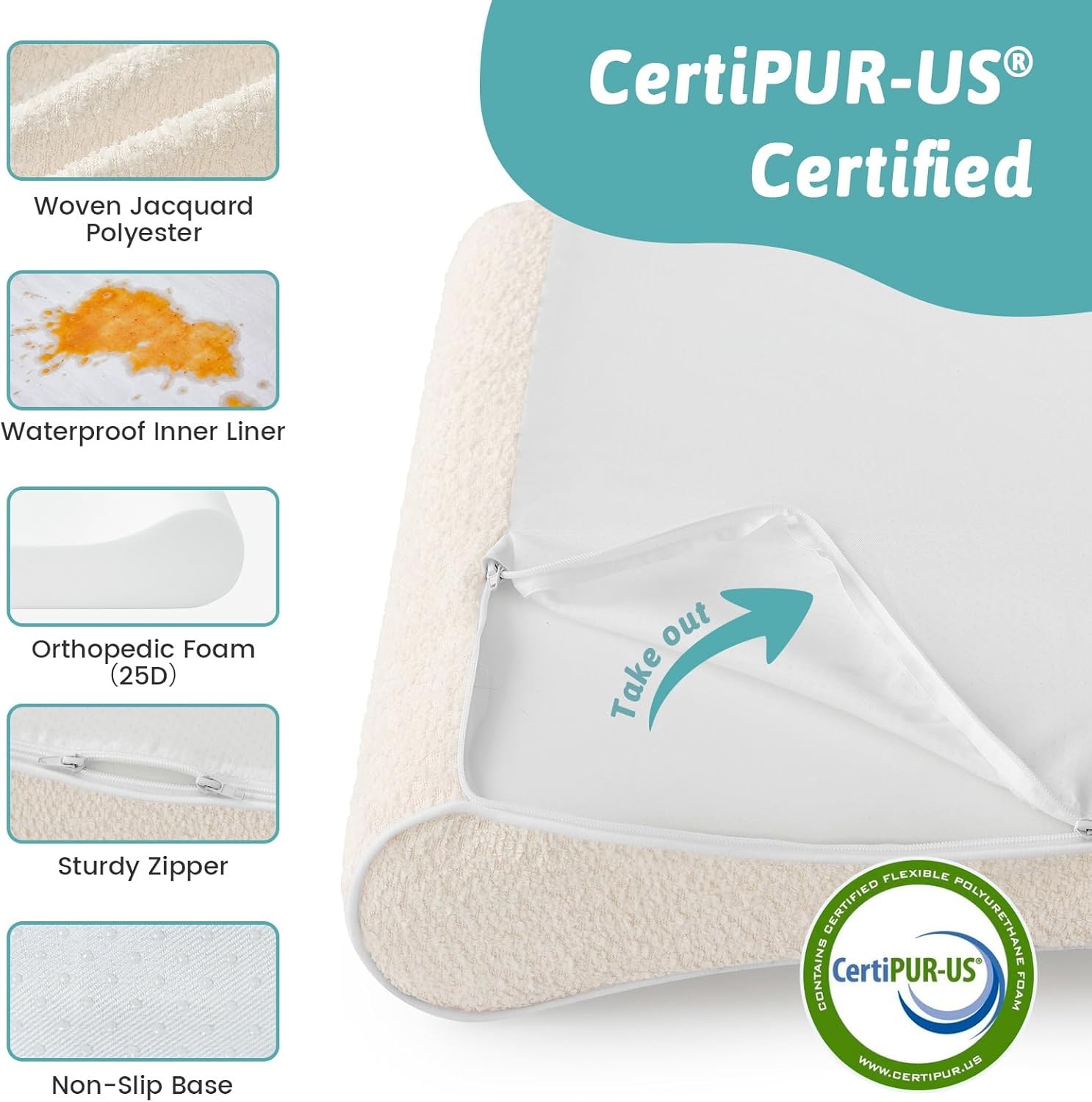 image:imageCOZY KISS Orthopedic Dog Bed for Large Dogs up to 90 lbs Removable Washable Cover with Waterproof Lining amp NonSkid Bottom CottonPolyester Blend BoatShaped Lounger Mattress L45x30x6in BeigeBeige