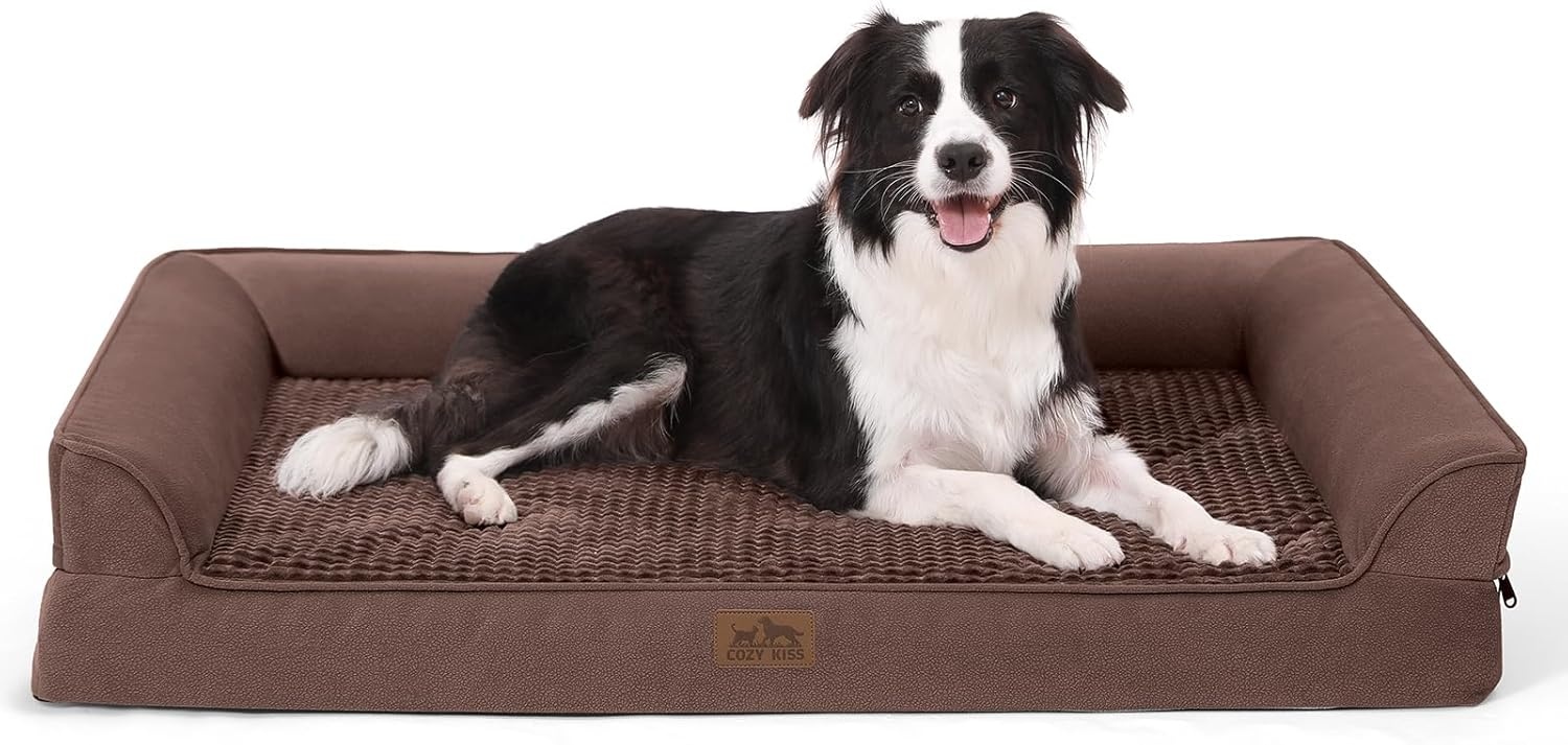 image:imageCOZY KISS Orthopedic Dog Beds for Large Sized Dog XL Bolster Pet Couch with Waterproof Lining Egg Crate Foam Sofa for Pets Up to 100 lbs UShaped 48x32x75 inch GreyBrown