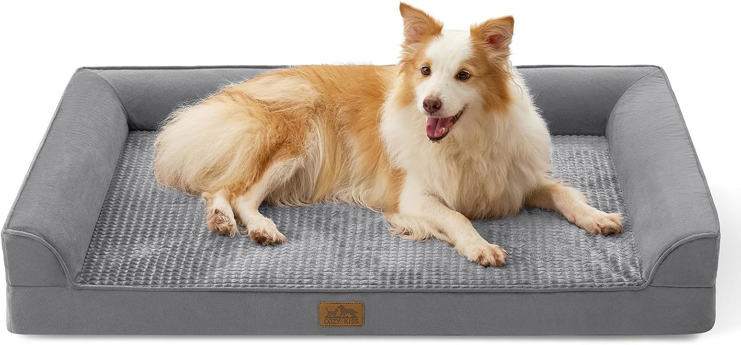 image:imageCOZY KISS Orthopedic Dog Beds for Large Sized Dog XL Bolster Pet Couch with Waterproof Lining Egg Crate Foam Sofa for Pets Up to 100 lbs UShaped 48x32x75 inch GreyGrey