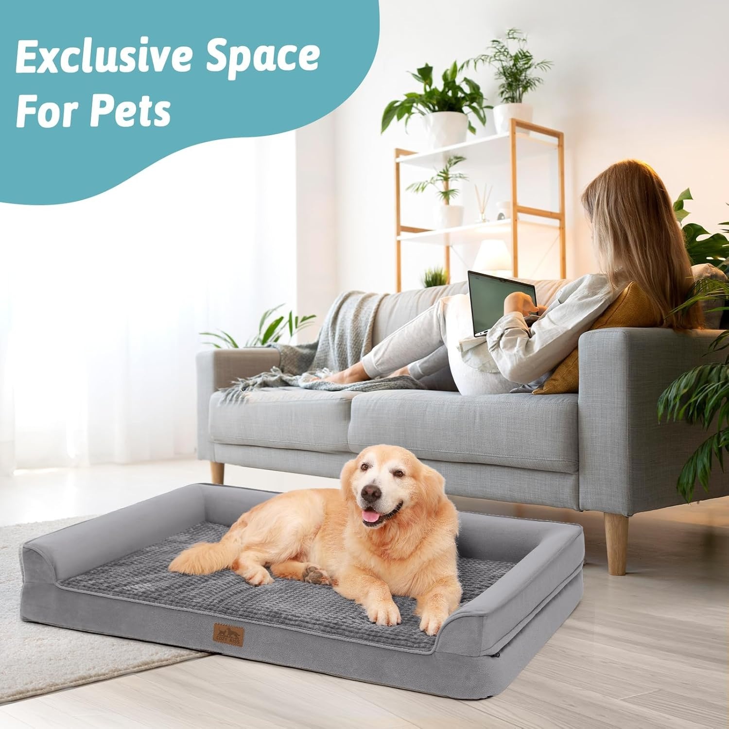 image:imageCOZY KISS Orthopedic Dog Beds for Large Sized Dog XL Bolster Pet Couch with Waterproof Lining Egg Crate Foam Sofa for Pets Up to 100 lbs UShaped 48x32x75 inch GreyGrey