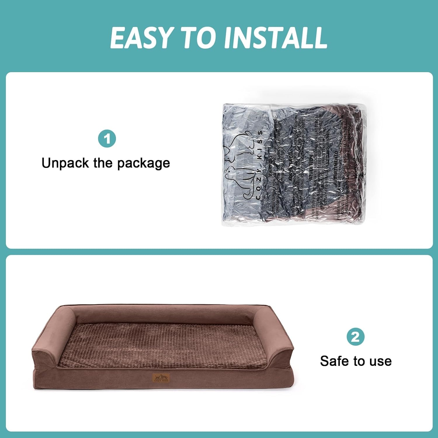 image:imageCOZY KISS Orthopedic Dog Beds for Large Sized Dog XL Bolster Pet Couch with Waterproof Lining Egg Crate Foam Sofa for Pets Up to 100 lbs UShaped 48x32x75 inch GreyBrown