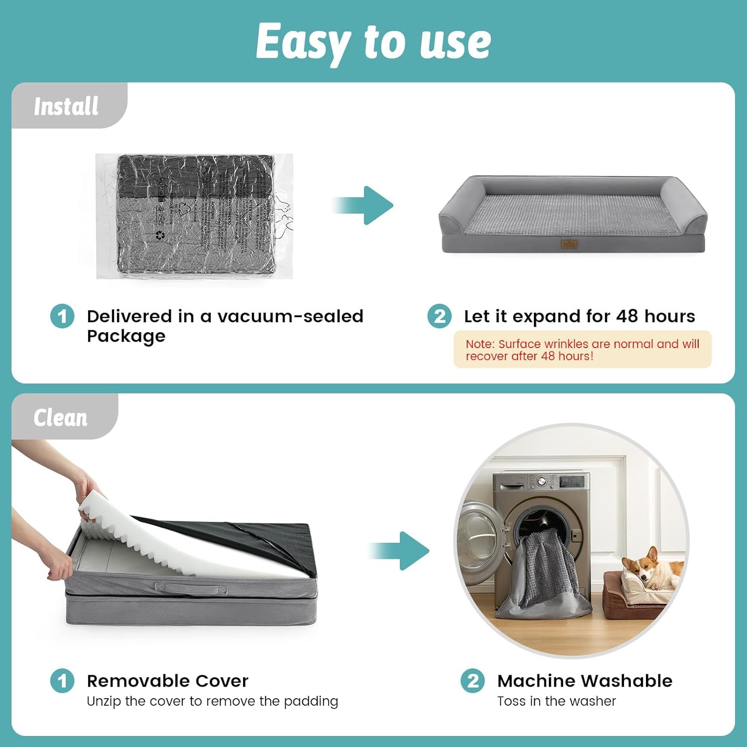 image:imageCOZY KISS Orthopedic Dog Beds for Large Sized Dog XL Bolster Pet Couch with Waterproof Lining Egg Crate Foam Sofa for Pets Up to 100 lbs UShaped 48x32x75 inch GreyGrey
