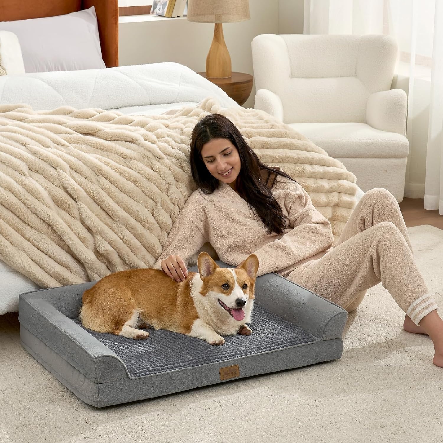 image:imageCOZY KISS Orthopedic Dog Beds for Large Sized Dog XL Bolster Pet Couch with Waterproof Lining Egg Crate Foam Sofa for Pets Up to 100 lbs UShaped 48x32x75 inch GreyGrey