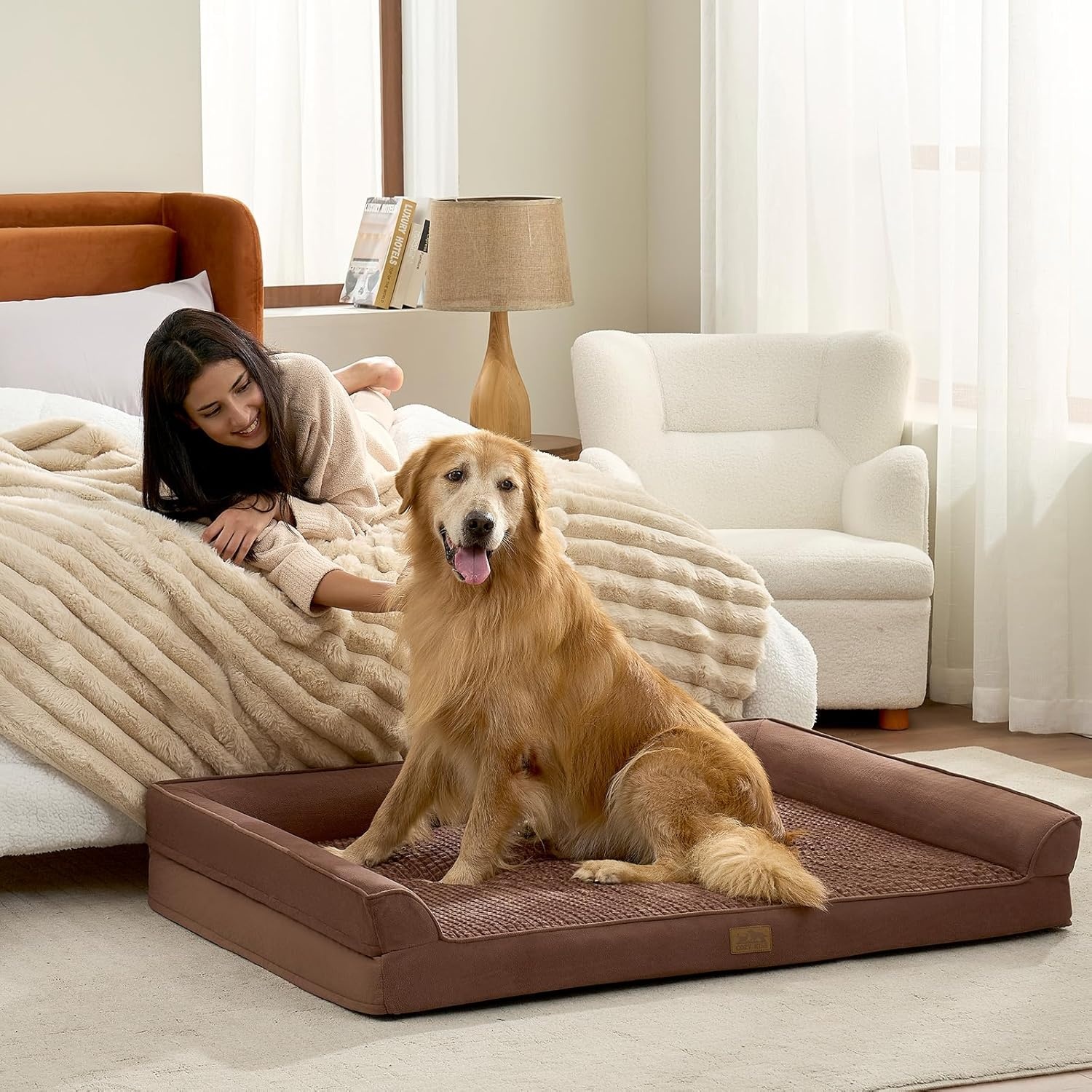 image:imageCOZY KISS Orthopedic Dog Beds for Large Sized Dog XL Bolster Pet Couch with Waterproof Lining Egg Crate Foam Sofa for Pets Up to 100 lbs UShaped 48x32x75 inch GreyBrown