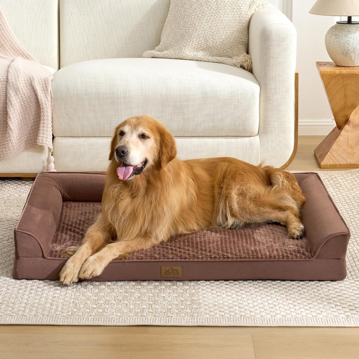 image:imageCOZY KISS Orthopedic Dog Beds for Large Sized Dog XL Bolster Pet Couch with Waterproof Lining Egg Crate Foam Sofa for Pets Up to 100 lbs UShaped 48x32x75 inch GreyBrown