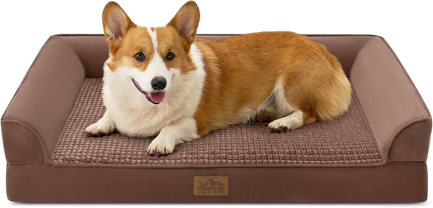 image:imageCOZY KISS Orthopedic Dog Beds for Large Sized Dog XL Bolster Pet Couch with Waterproof Lining Egg Crate Foam Sofa for Pets Up to 100 lbs UShaped 48x32x75 inch GreyBrown