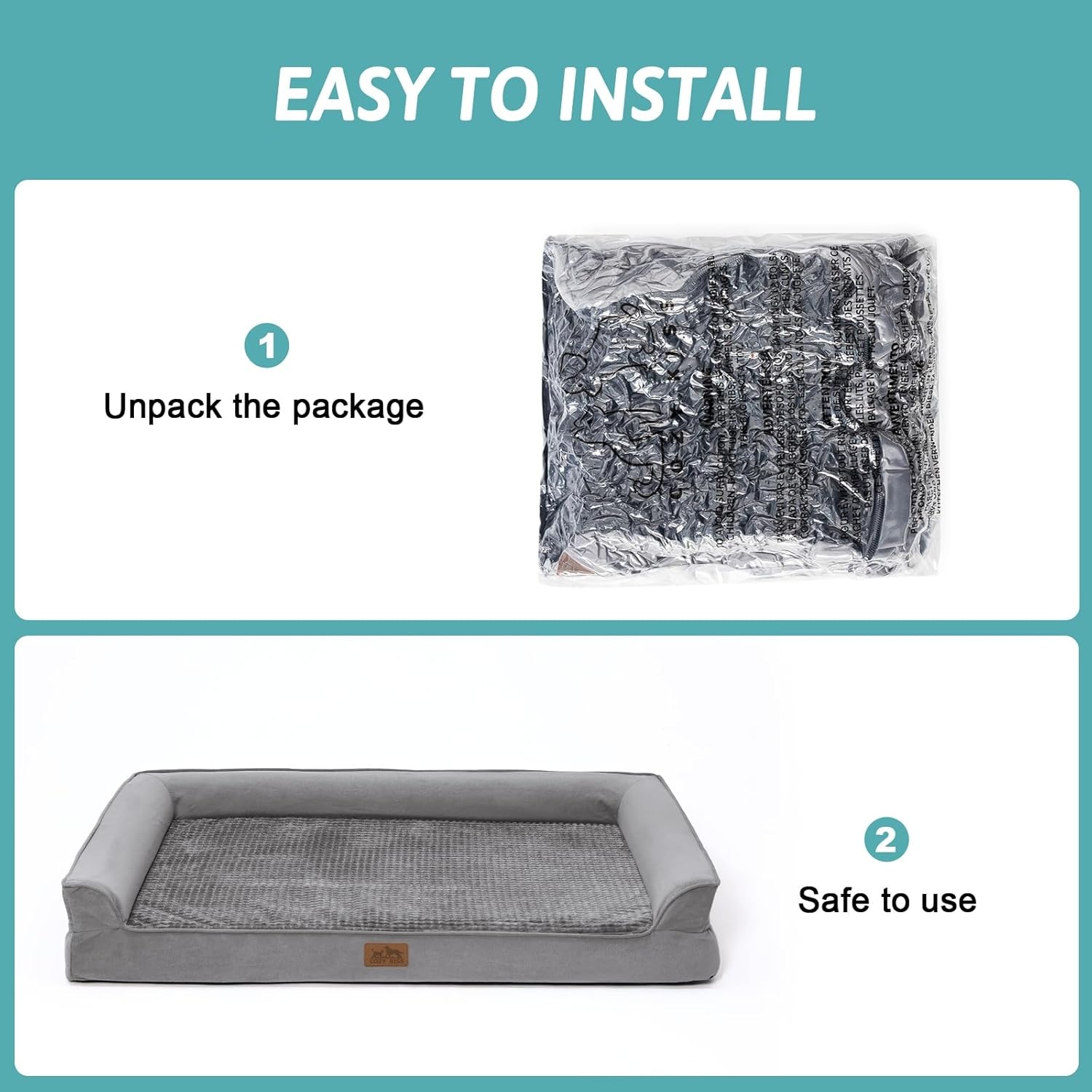 image:imageCOZY KISS Orthopedic Dog Beds for Large Sized Dog XL Bolster Pet Couch with Waterproof Lining Egg Crate Foam Sofa for Pets Up to 100 lbs UShaped 48x32x75 inch GreyGrey