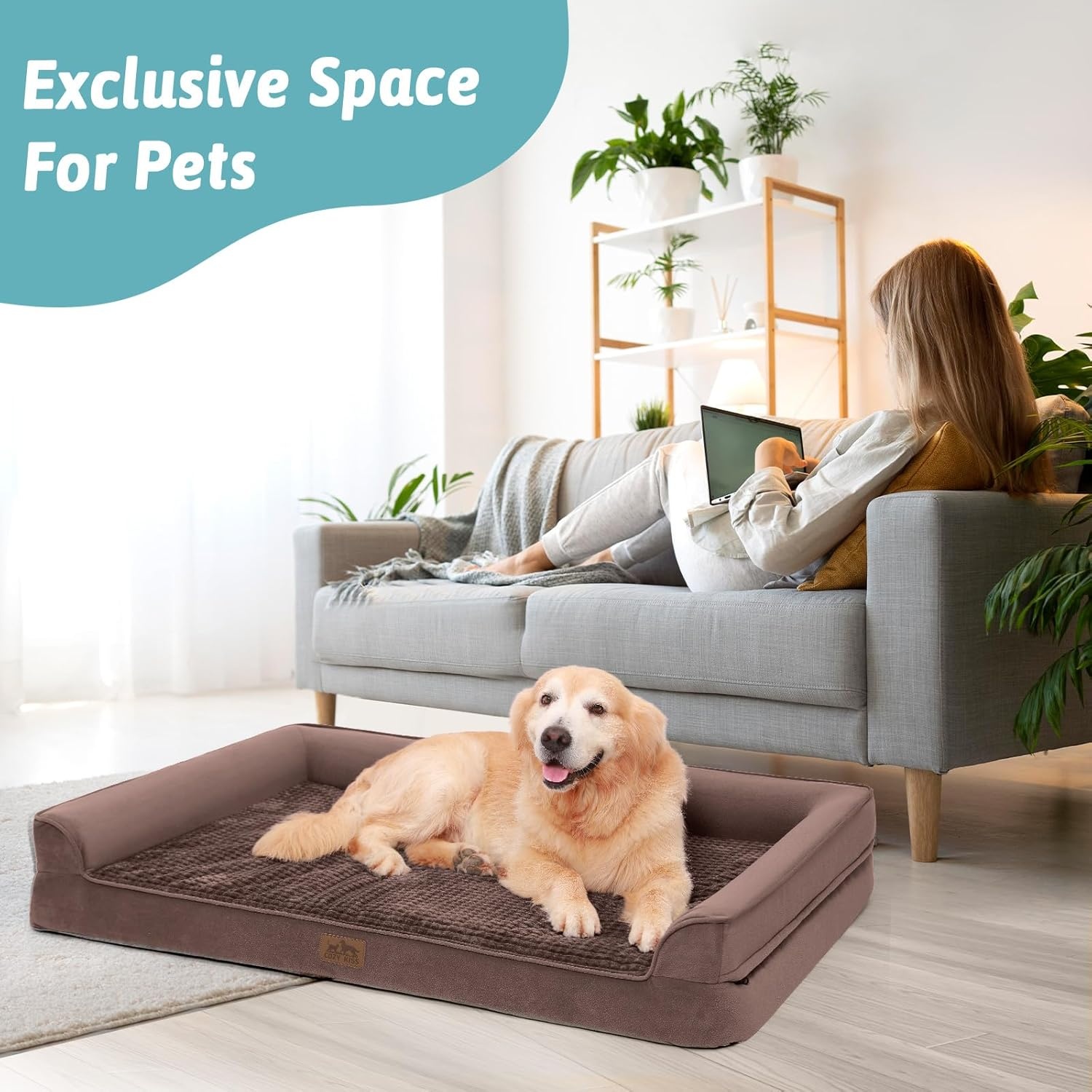image:imageCOZY KISS Orthopedic Dog Beds for Large Sized Dog XL Bolster Pet Couch with Waterproof Lining Egg Crate Foam Sofa for Pets Up to 100 lbs UShaped 48x32x75 inch GreyBrown