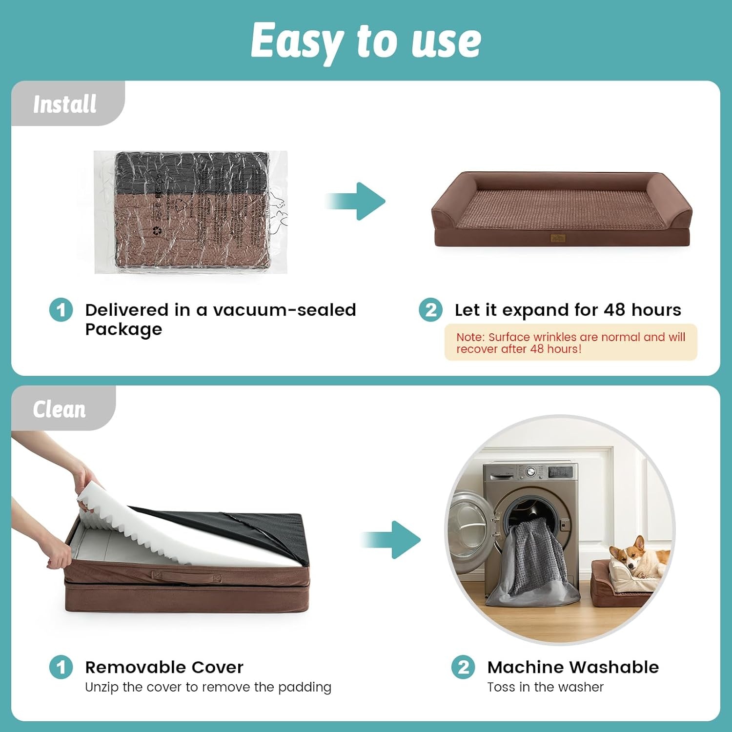 image:imageCOZY KISS Orthopedic Dog Beds for Large Sized Dog XL Bolster Pet Couch with Waterproof Lining Egg Crate Foam Sofa for Pets Up to 100 lbs UShaped 48x32x75 inch GreyBrown