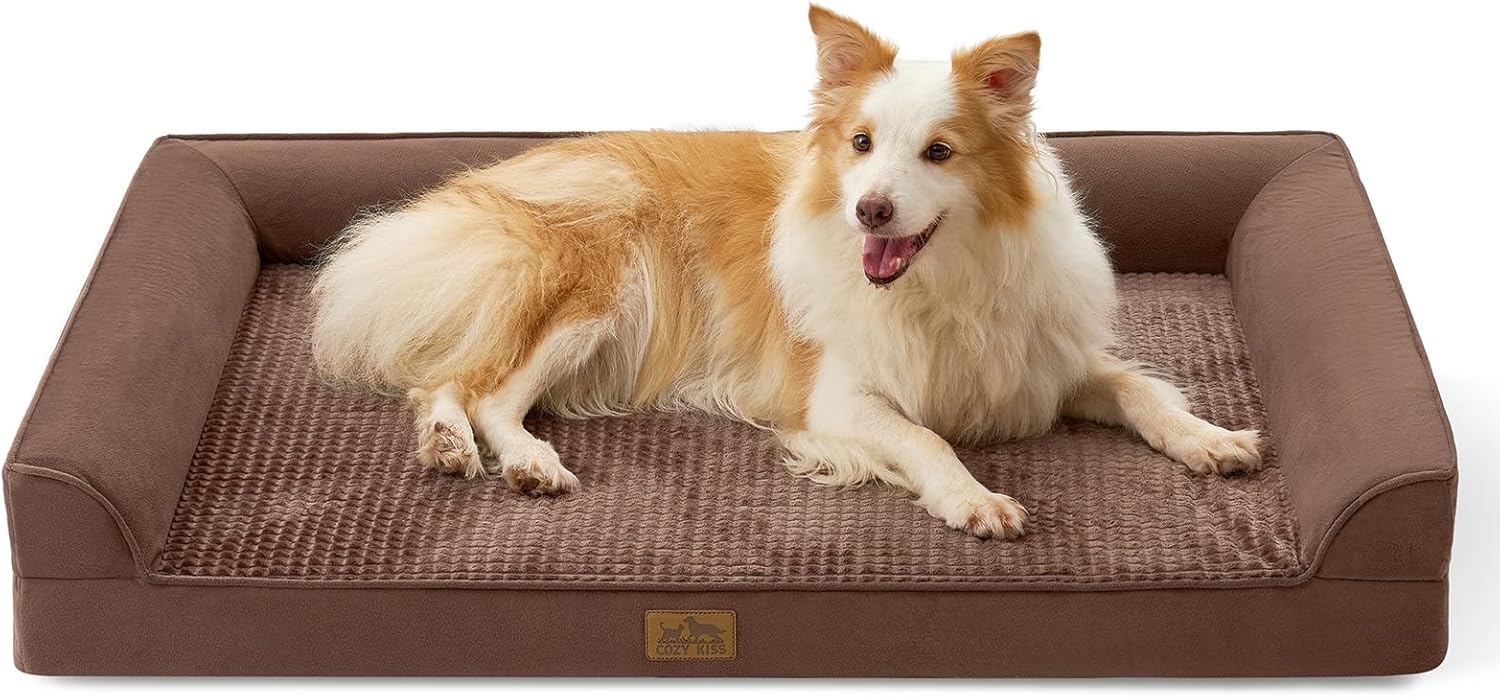 image:imageCOZY KISS Orthopedic Dog Beds for Large Sized Dog XL Bolster Pet Couch with Waterproof Lining Egg Crate Foam Sofa for Pets Up to 100 lbs UShaped 48x32x75 inch GreyBrown
