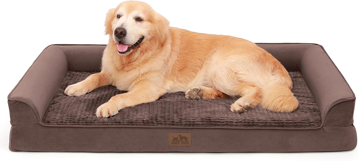 image:imageCOZY KISS Orthopedic Dog Beds for Large Sized Dog XL Bolster Pet Couch with Waterproof Lining Egg Crate Foam Sofa for Pets Up to 100 lbs UShaped 48x32x75 inch GreyBrown